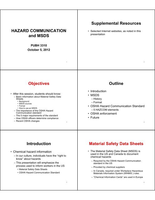 HAZARD COMMUNICATION and MSDS Supplemental Resources ...