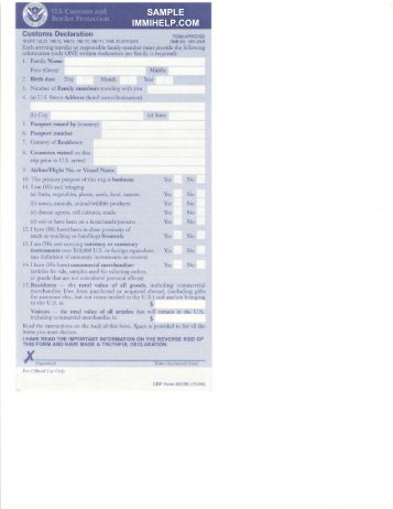 Sample U.S. Customs Declaration Form 6059B - Immihelp