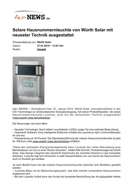 Solare Hausnummernleuchte Von Wurth Solar Mit Fair News De