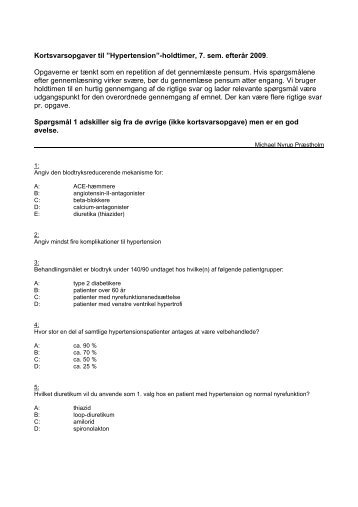 Kortsvarsopgaver til diuretika holdtimer, efterr 2002