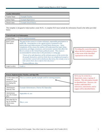Annotated Social Studies SLO Example. - Center for Assessment