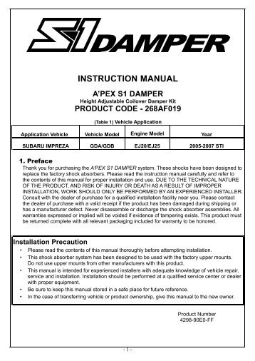 instruction manual a'pex s1 damper - APEXi USA