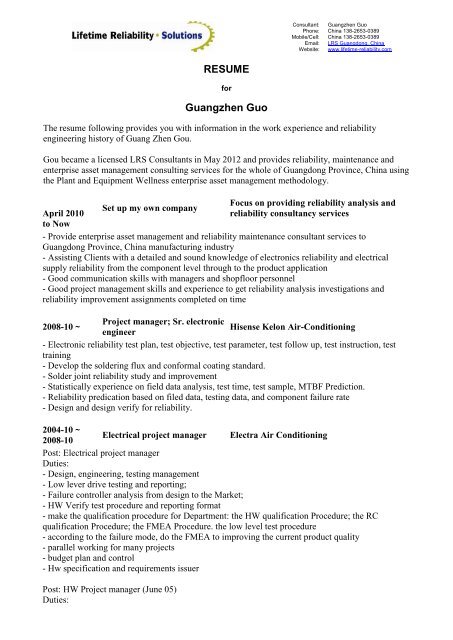 Biography of Guang Zhen Guo - Lifetime Reliability