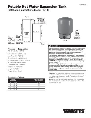 Potable Hot Water Expansion Tank Installation Instructions Model ...