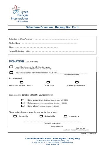 Debenture - Redemption form - LycÃ©e franÃ§ais international Victor ...