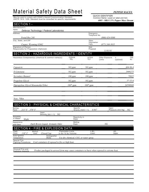 DT-4005 MK-4 MSDS - Pepper Sprays