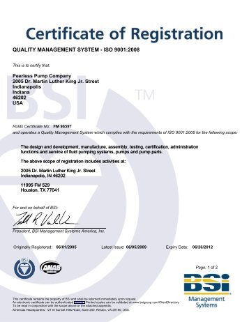 BSI Certificate - Peerless Pump