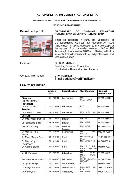 KURUKSHETRA UNIVERSITY KURUKSHETRA Department profile ...
