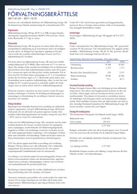 MILJÖMÄRKNING SVERIGE AB ÅRSREDOVISNING 2011 - Svanen