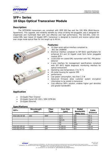 SFP+ Series 10 Gbps Optical Transceiver Module - OPTOKON as