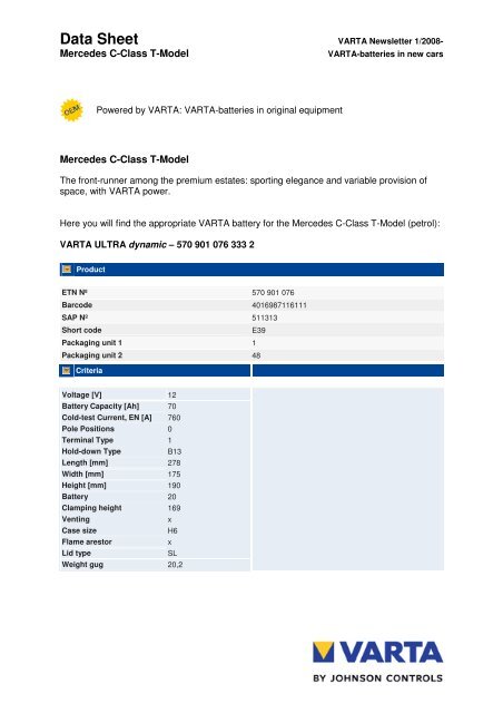 Data Sheet Varta Automotive Partnernet