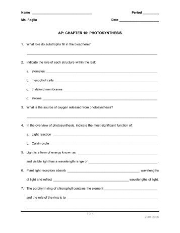 AP: CHAPTER 10: PHOTOSYNTHESIS - Explore Biology