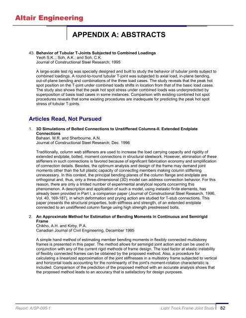 Light Truck Frame Joint Stiffness Study Phase 1 Final Report