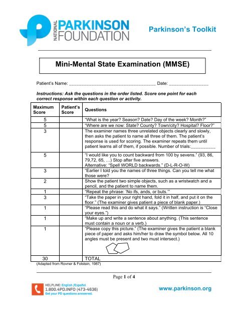 Parkinson's Toolkit Mini-Mental State Examination (MMSE)