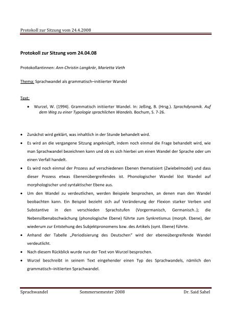 Protokoll zur Sitzung vom 24.04.08