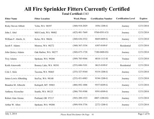 All Fire Sprinkler Fitters Currently Certified - Washington State Patrol