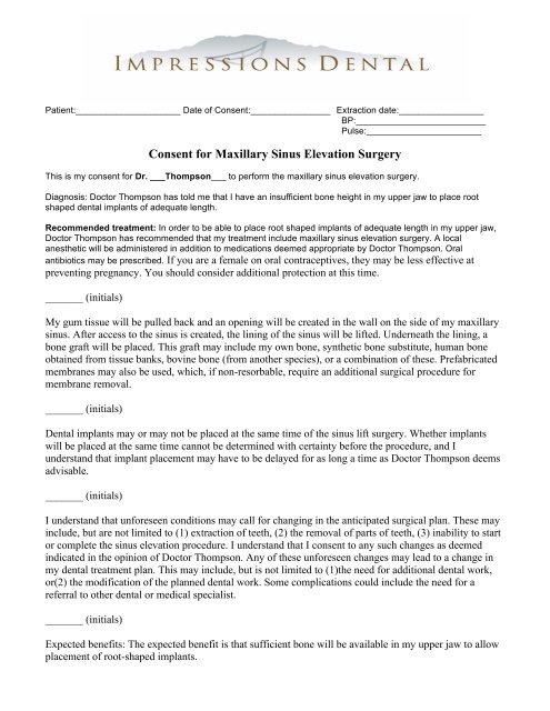 Maxillary Sinus ElevationSurgery Consent Form