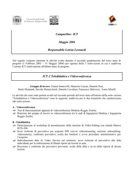 Ottava relazione - Agentgroup - UniversitÃ  degli Studi di Modena e ...