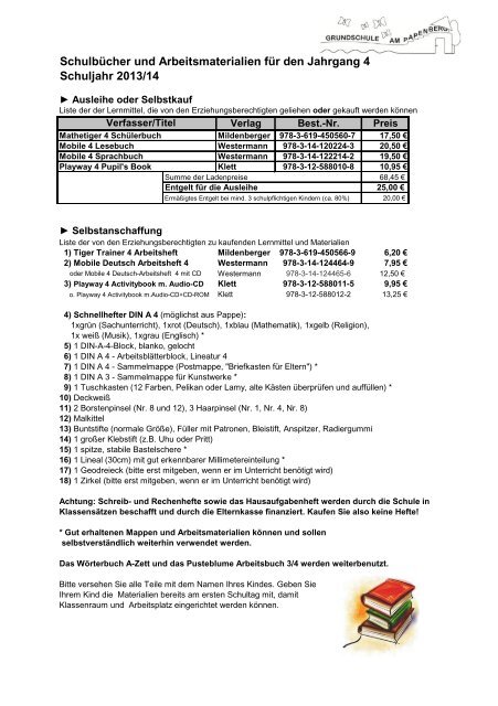 Schulbücher und Arbeitsmaterialien für den Jahrgang 4 Schuljahr ...