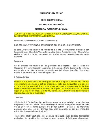 sentencia t-024 de 2007 corte constitucional sala ... - ElecciÃ³n Visible