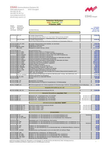 Patienten-Rufsystem esag_hospicall_p3s Preisliste 2009