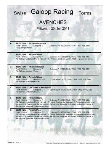 20. Juli 2011 AVENCHES Rennen 1 - Galopp Racing Forms