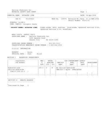 MSDS Lime Hydrate - FabriClean Supply