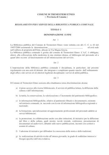 Regolamento per i servizi della biblioteca comunale - Comune di ...