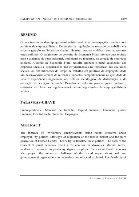 RESUMO PALAVRAS-CHAVE ABSTRACT - GV Pesquisa