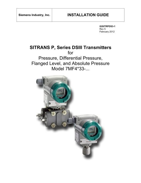 SITRANS P, Series DSIII Transmitters for Pressure ... - Siemens