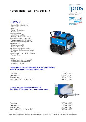 Geräte Miete HWS - Preisliste 2010 - ipros