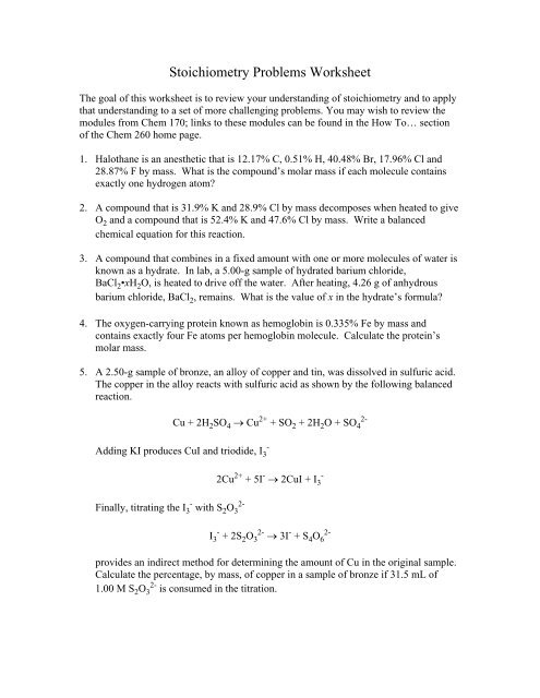 Stoichiometry Problems Worksheet