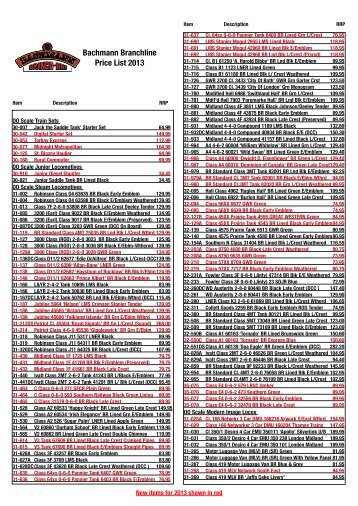 Bachmann Branchline Price List 2013