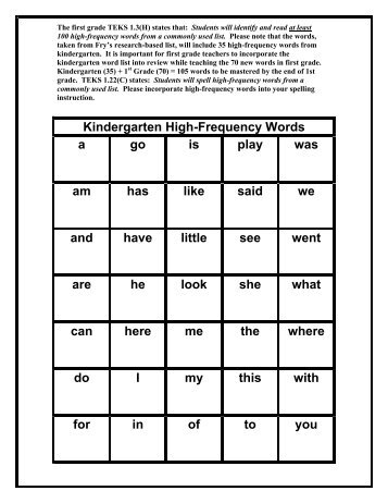 Kindergarten High-Frequency Words a go is play was am has like ...