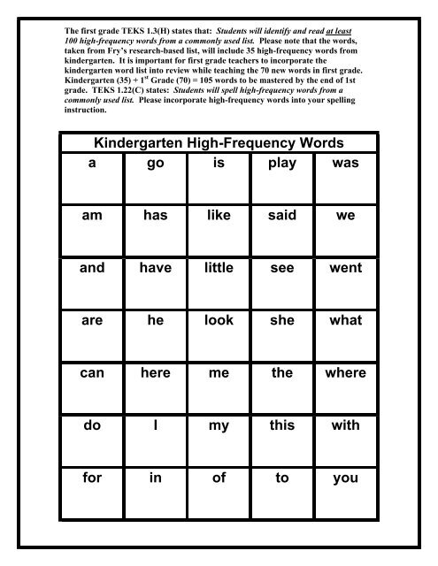 Kindergarten High-Frequency Words a go is play was am has like ...