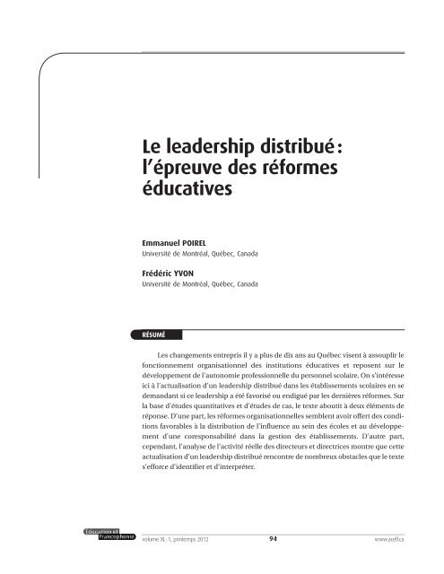 Le leadership distribuÃ© : l'Ã©preuve des rÃ©formes Ã©ducatives - acelf