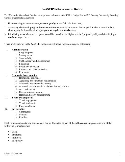 Wascip Self Assessment Rubric Student Services Prevention