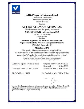 AIB-Vinçotte International ATTESTATION OF APPROVAL