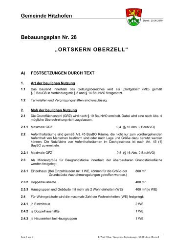 Bebauungsplan Nr. 28  - Ortskern Oberzell - Gemeinde Hitzhofen