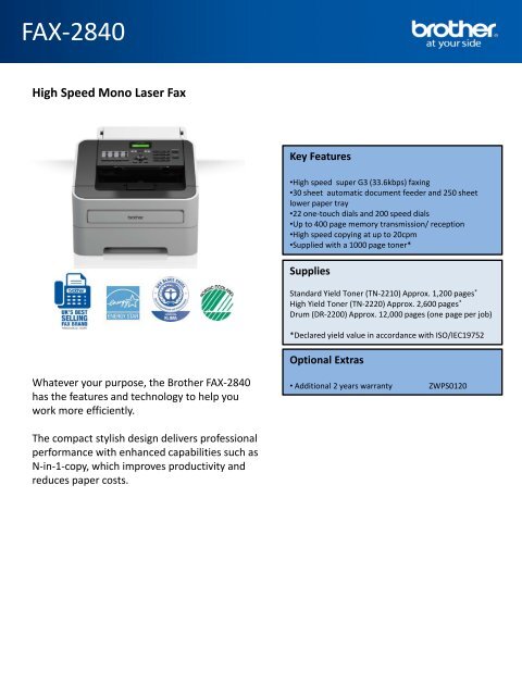 Brother Fax 2840 Specification Sheet - PMC Telecom