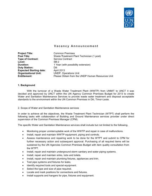 Waste Treatment Plant Technician - UNDP in Timor Leste