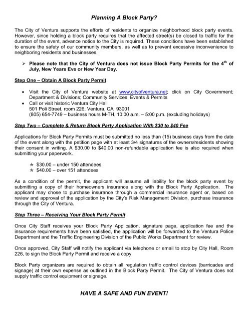 Planning A Block Party? HAVE A SAFE AND FUN ... - City Of Ventura