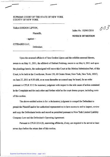 motion for summary judgment filed in May 2011 - NY Business Divorce