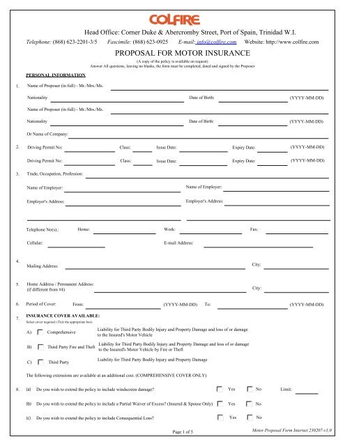 PROPOSAL FOR MOTOR INSURANCE - Colfire