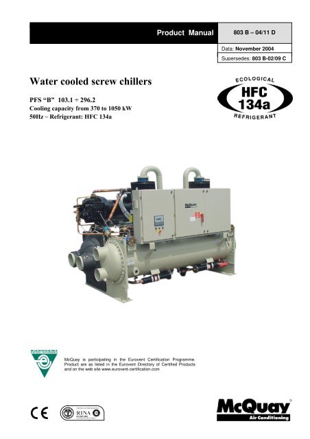 290 Ton Water Cooled Chiller Surplus Group