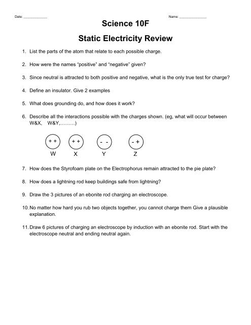 Science 10f Static Electricity Review Wc Miller Collegiate