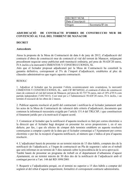 RESOLUCIÓ ADJUDICACIÓ CONTRACTE I REQUERIMENT ...