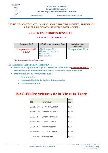 BAC-FiliÃ¨re Sciences de la Vie et la Terre - UniversitÃ© Hassan 1er