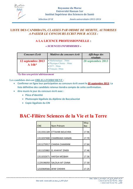 BAC-FiliÃ¨re Sciences de la Vie et la Terre - UniversitÃ© Hassan 1er