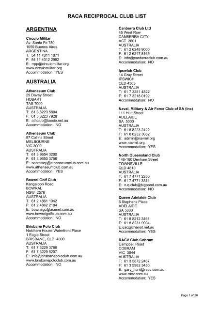 RACA RECIPROCAL CLUB LIST ARGENTINA AUSTRALIA